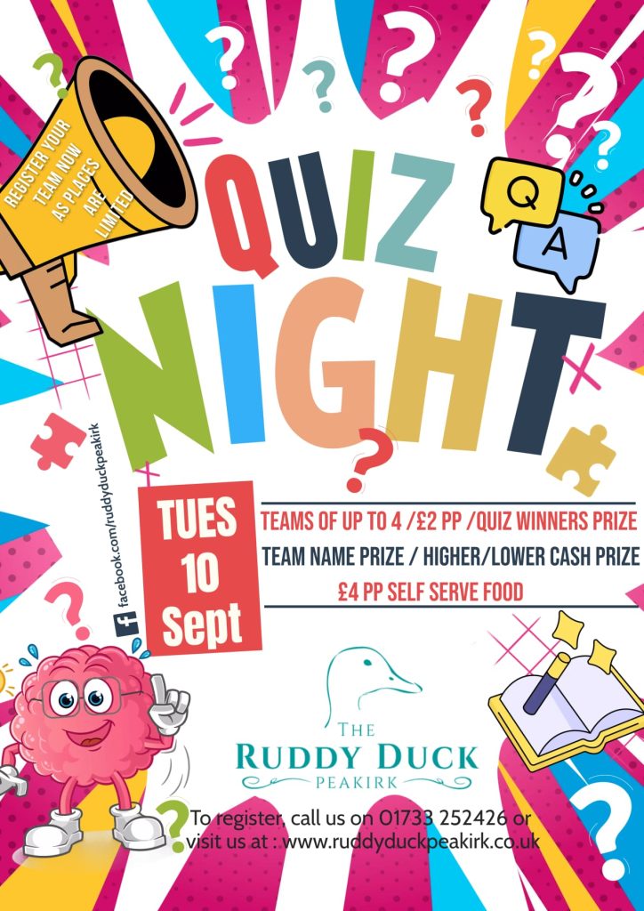 September quiz night at the ruddy duck poster, 10th Sept.