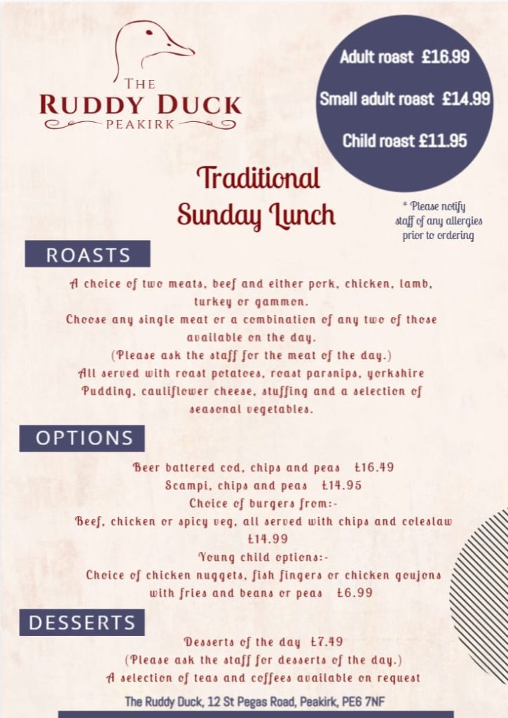 sunday lunch menu